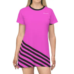 Pink Black Striped T-Shirt Dress, Diagonally Striped Pink Black Tee Shirt Dress For Women- Made in USA (US Size: XS-2XL)