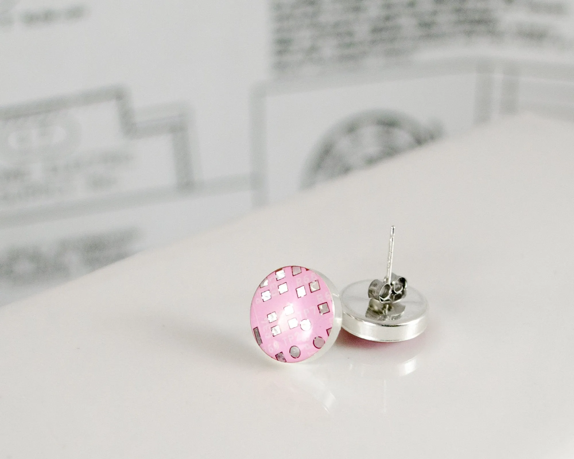 Pink Circuit Board Post Earrings