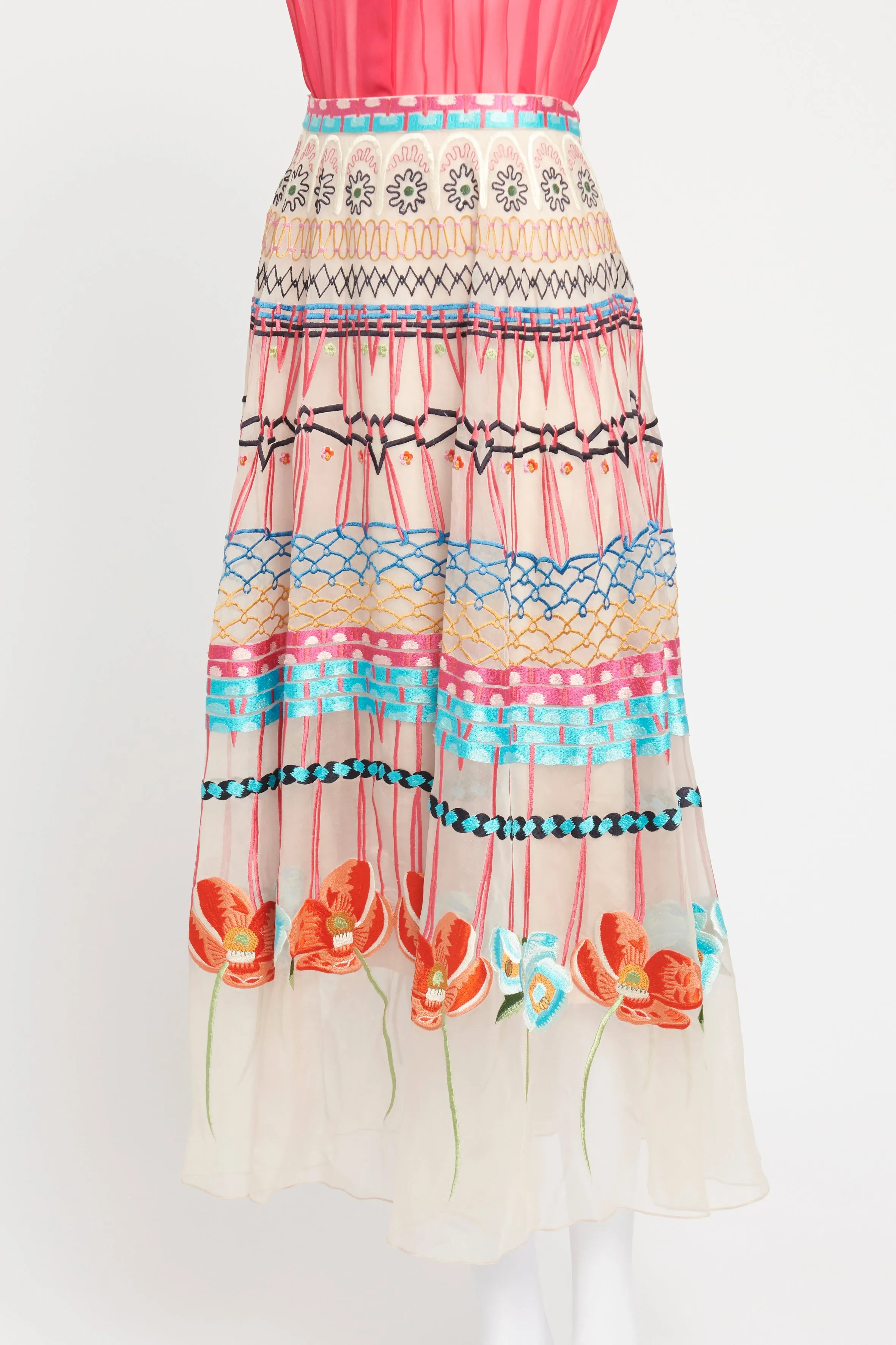 Pink Embroidered Preowned Midi Skirt