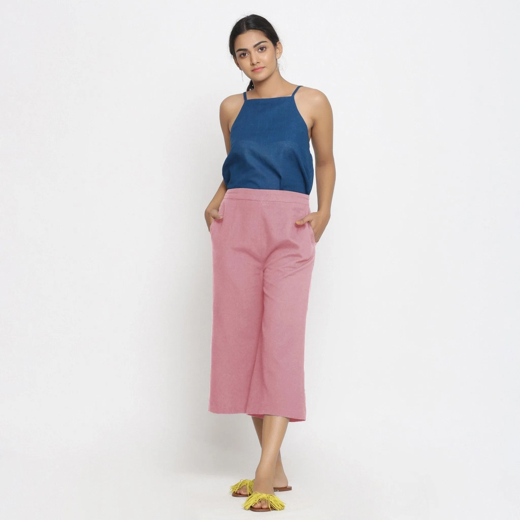 Pink Mid-Rise Cotton Flax Elasticated Culottes