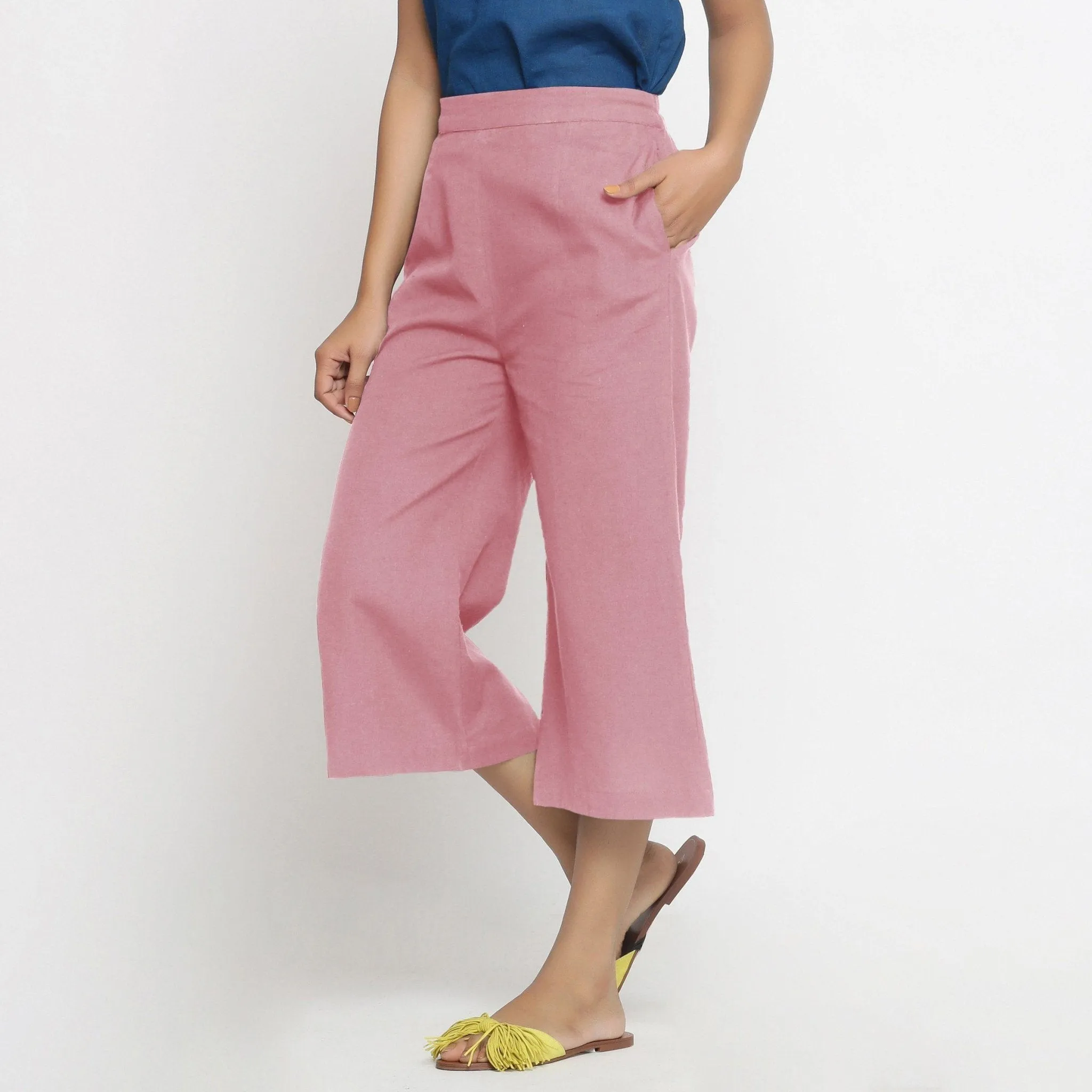 Pink Mid-Rise Cotton Flax Elasticated Culottes