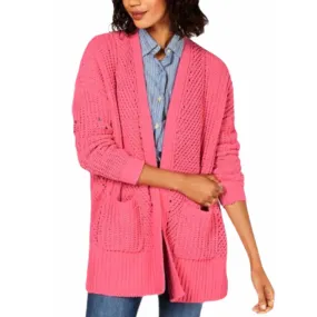 Pink Open Front Pockets Mid Length Knit Cardigan