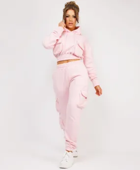 Pink Pocketed Cropped Hoodie & Cargo Tracksuit