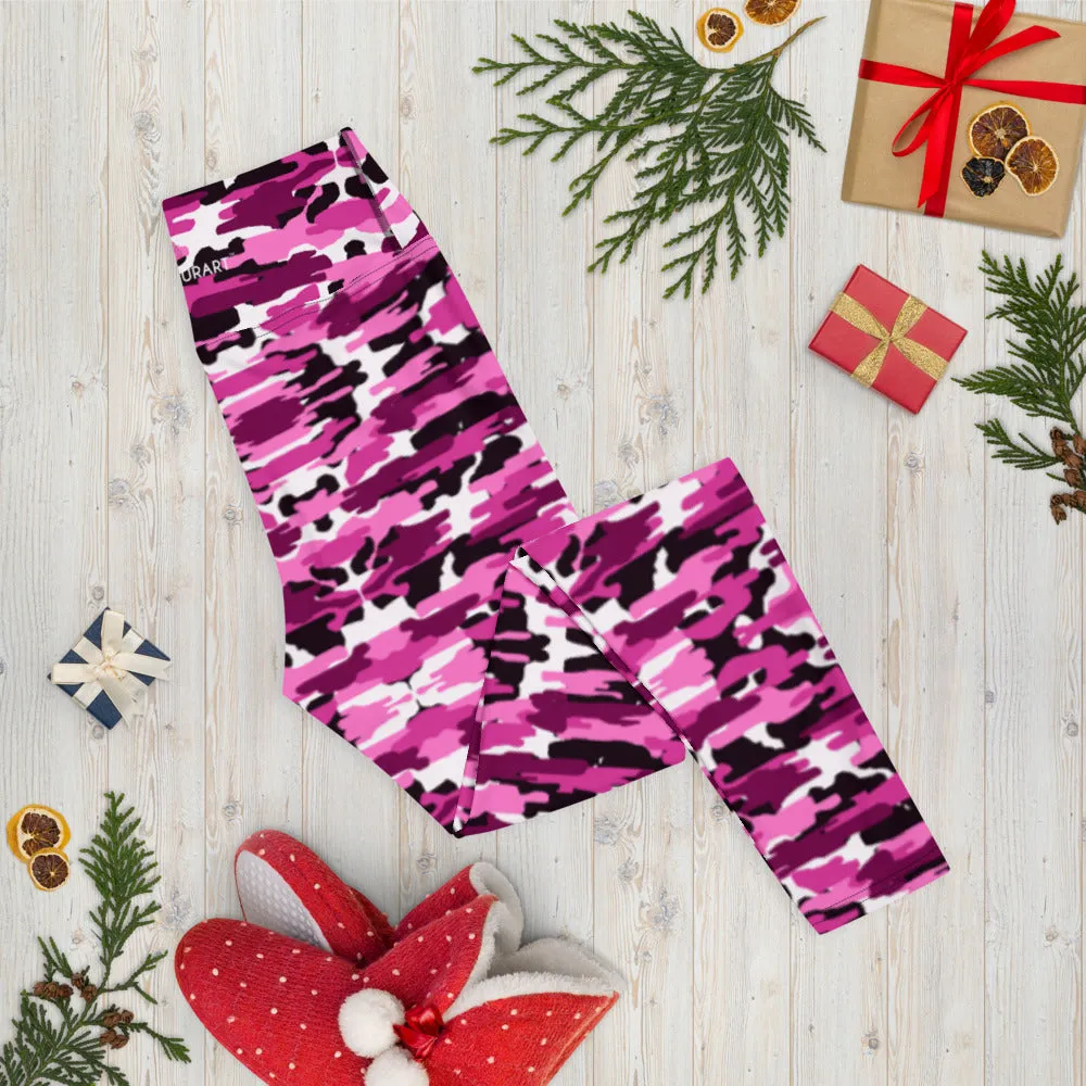 Pink Purple Camo Yoga Leggings, Military Camouflaged Army Printed Women's Tights-Made in USA/EU