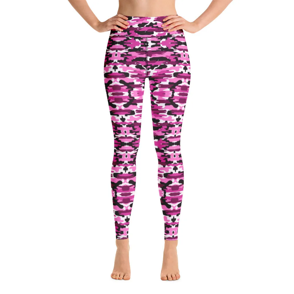 Pink Purple Camo Yoga Leggings, Military Camouflaged Army Printed Women's Tights-Made in USA/EU