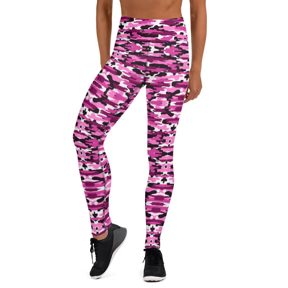 Pink Purple Camo Yoga Leggings, Military Camouflaged Army Printed Women's Tights-Made in USA/EU