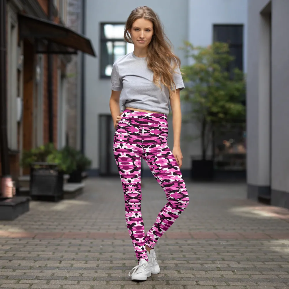 Pink Purple Camo Yoga Leggings, Military Camouflaged Army Printed Women's Tights-Made in USA/EU
