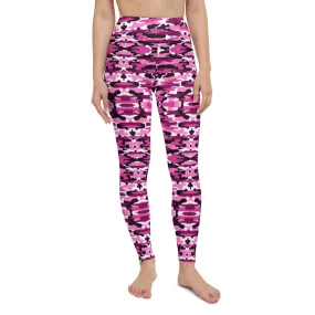 Pink Purple Camo Yoga Leggings, Military Camouflaged Army Printed Women's Tights-Made in USA/EU