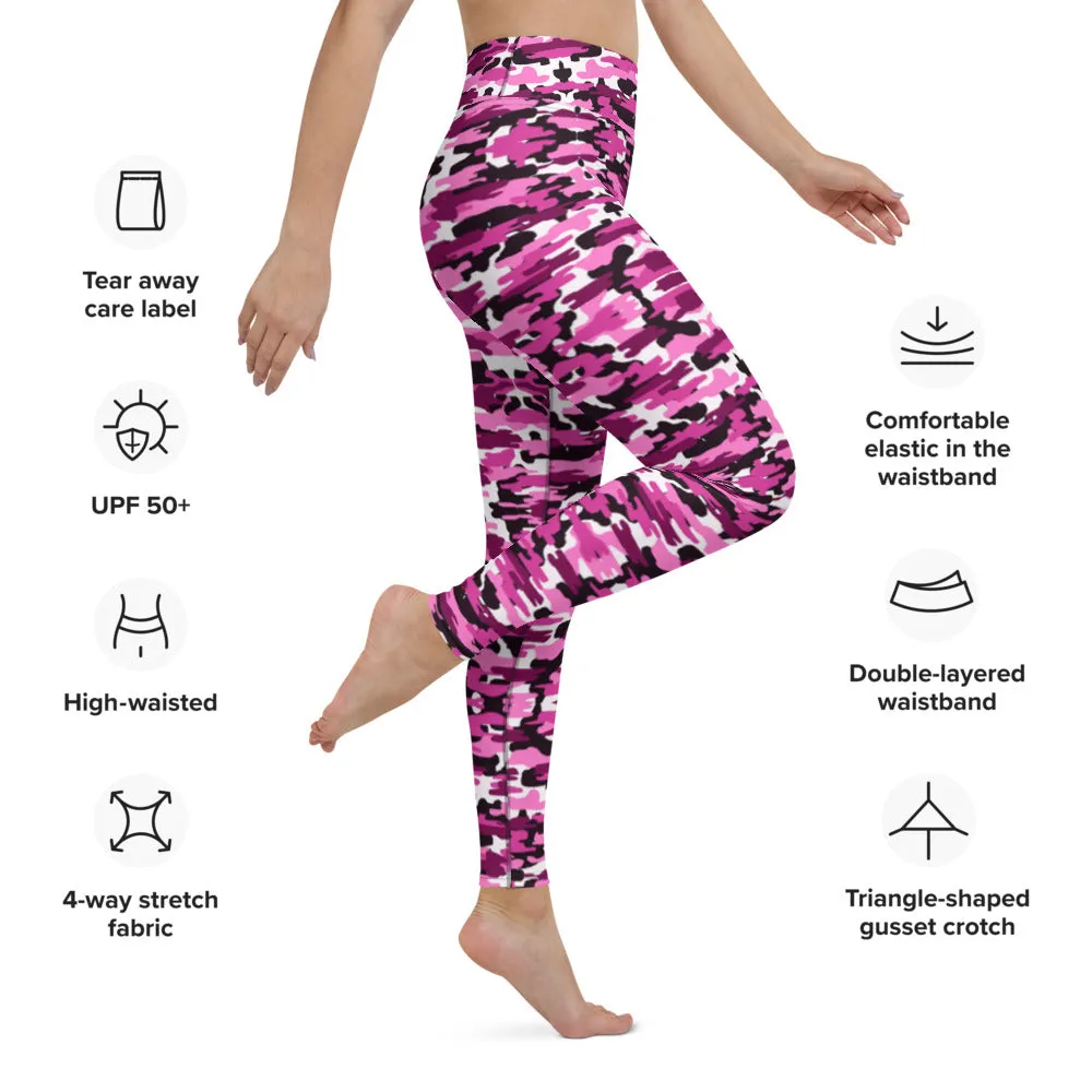 Pink Purple Camo Yoga Leggings, Military Camouflaged Army Printed Women's Tights-Made in USA/EU