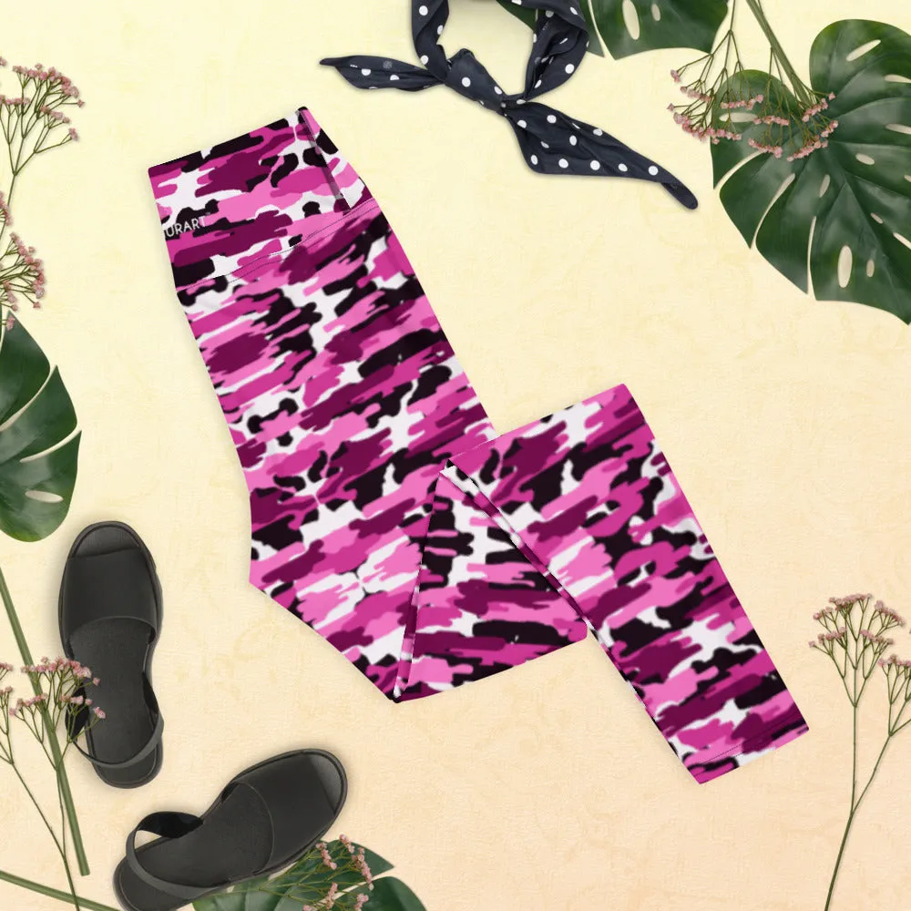 Pink Purple Camo Yoga Leggings, Military Camouflaged Army Printed Women's Tights-Made in USA/EU