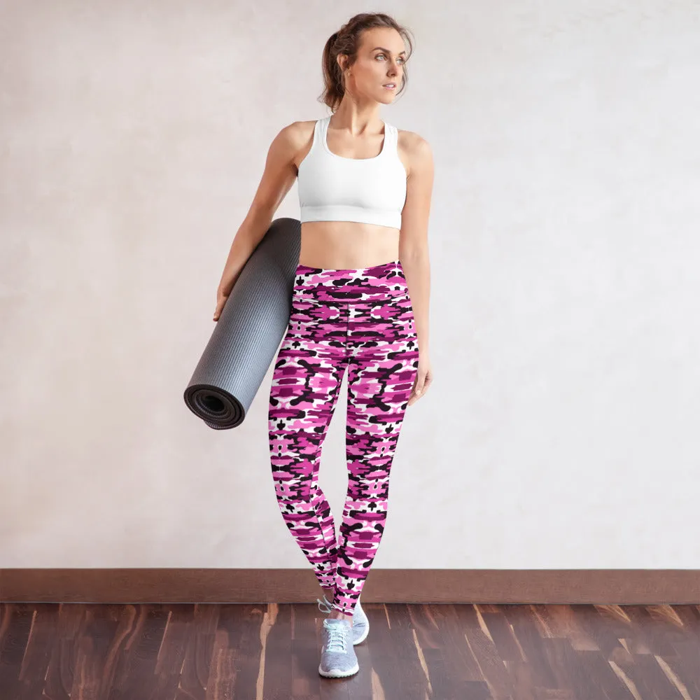 Pink Purple Camo Yoga Leggings, Military Camouflaged Army Printed Women's Tights-Made in USA/EU