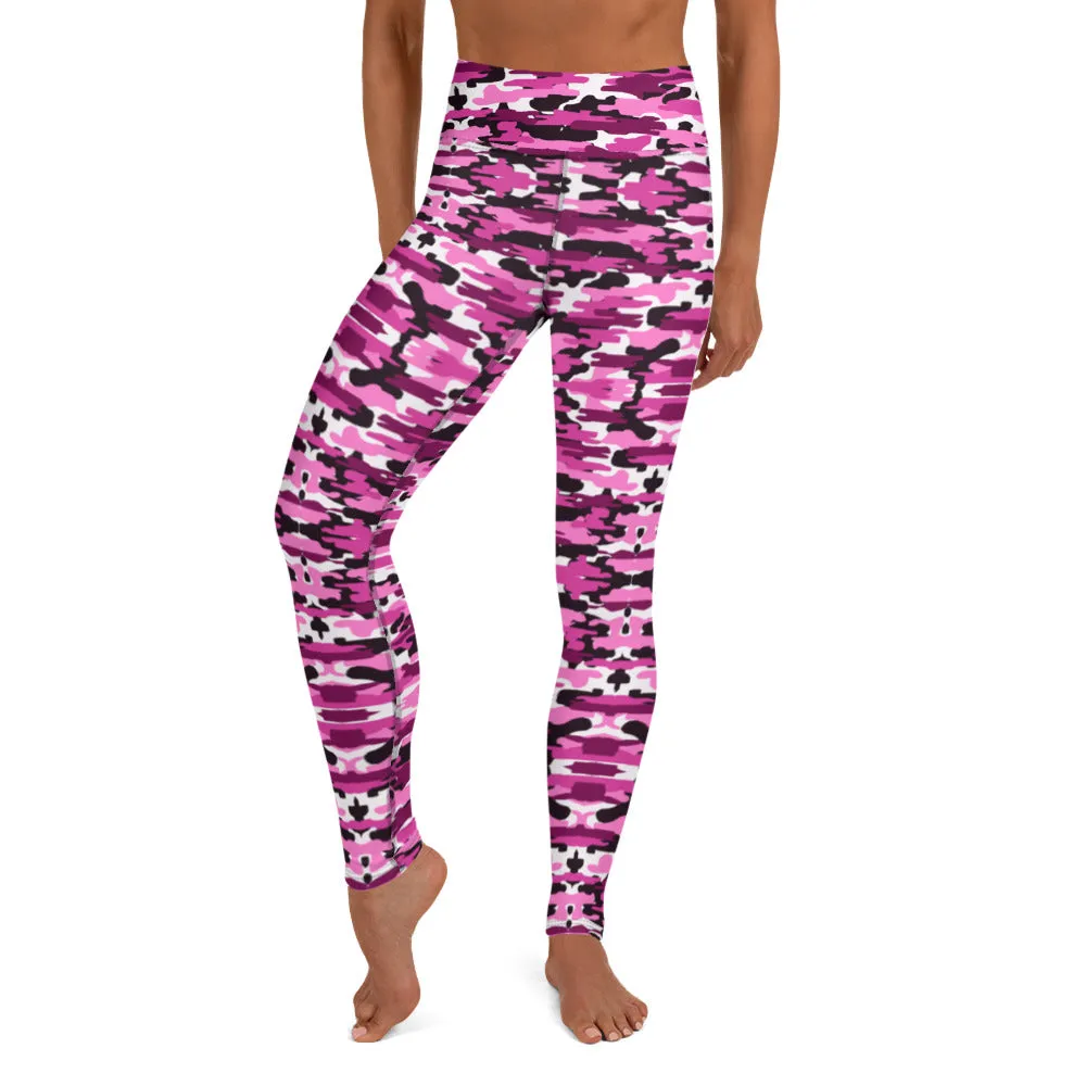 Pink Purple Camo Yoga Leggings, Military Camouflaged Army Printed Women's Tights-Made in USA/EU