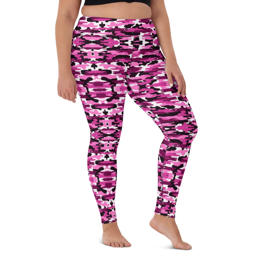 Pink Purple Camo Yoga Leggings, Military Camouflaged Army Printed Women's Tights-Made in USA/EU
