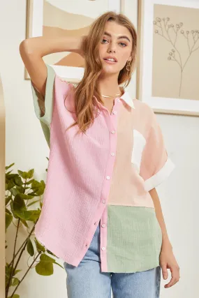 PINK/APRICOT GAUZE BUTTON DOWN TOP