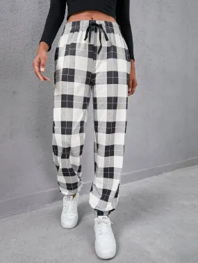 Plaid Drawstring Natural Long Women Sweatpants