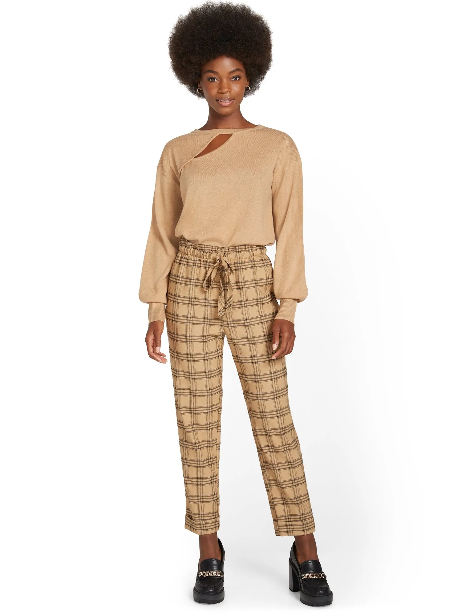 Plaid Paperbag-Waist Straight-Leg Ankle Pant