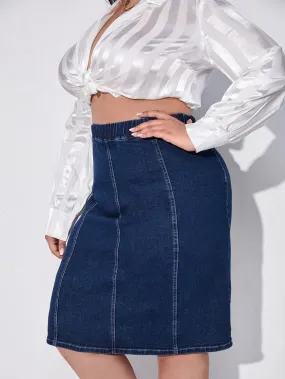 Plain High Waist Knee Length Plus Size Denim Skirt