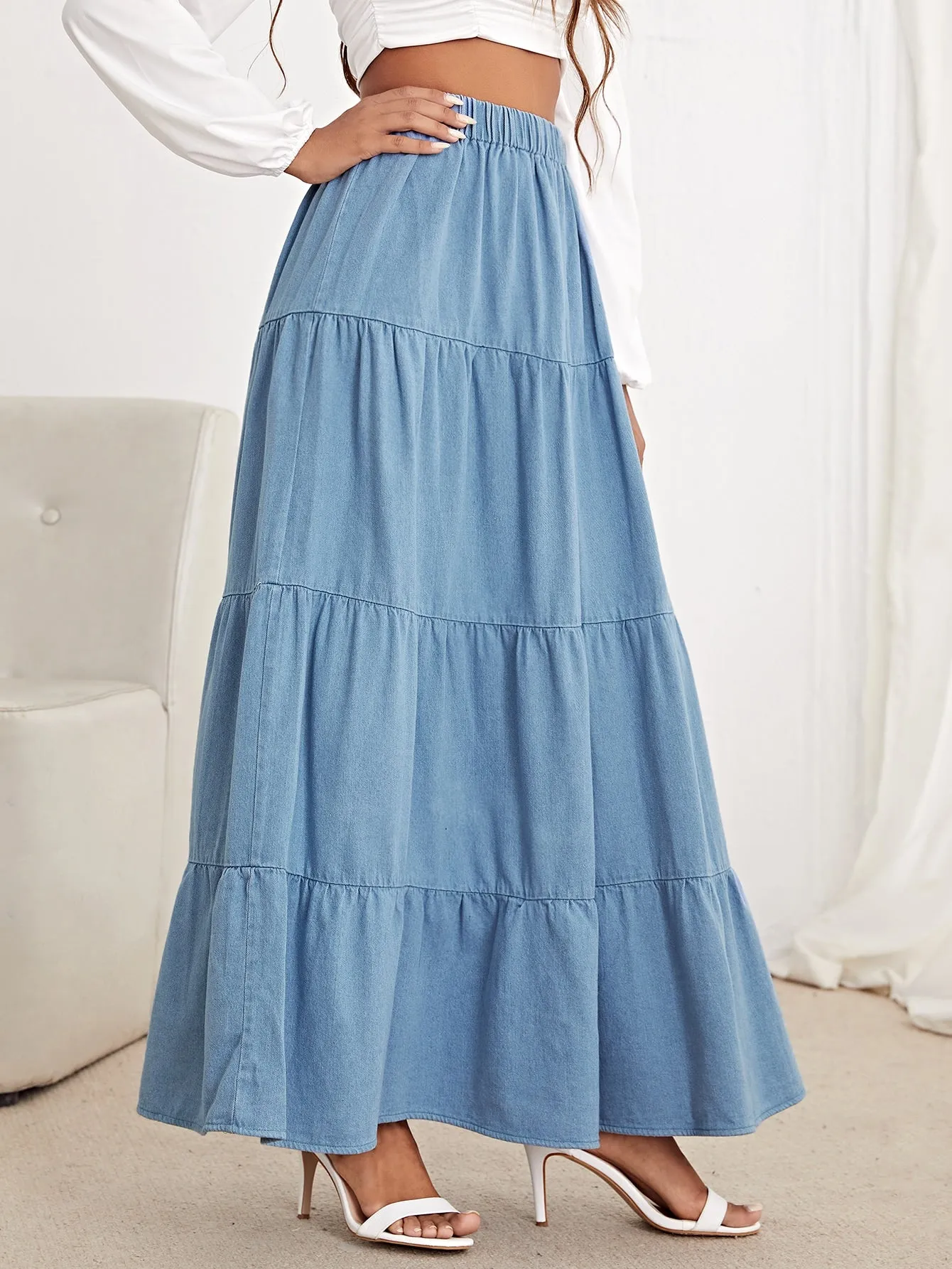 Plain Ruffle Hem High Waist Maxi Women Denim Skirt