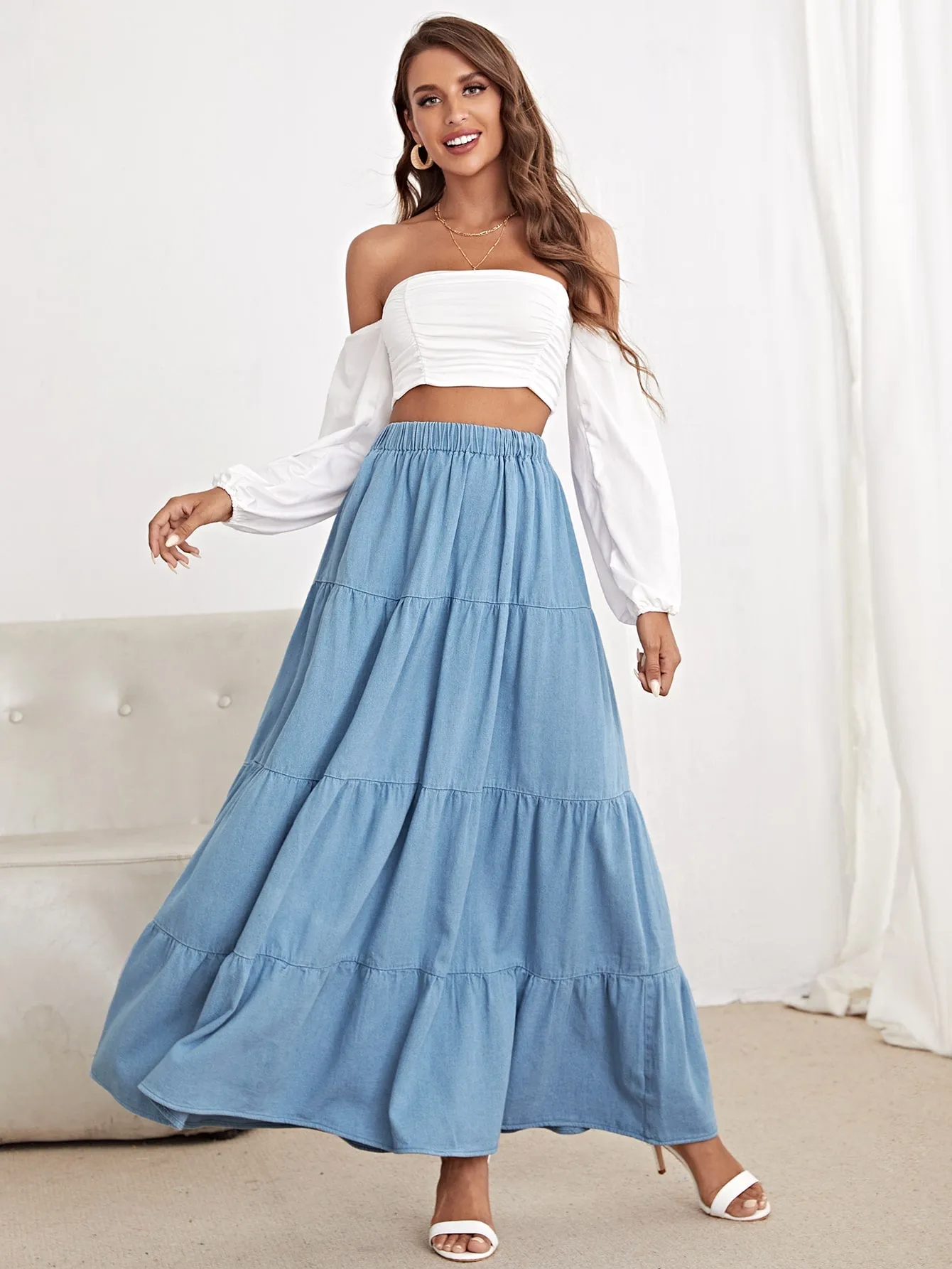 Plain Ruffle Hem High Waist Maxi Women Denim Skirt