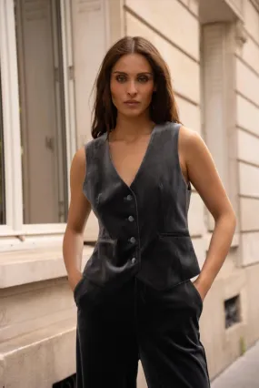 Plain Velvet Sleeveless Suit Vest Dark Grey