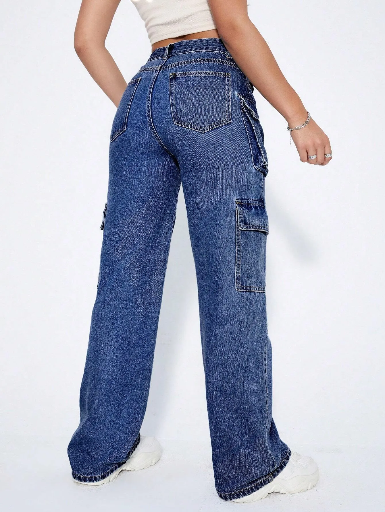Plain Wide Leg High Waist Cargo Jean