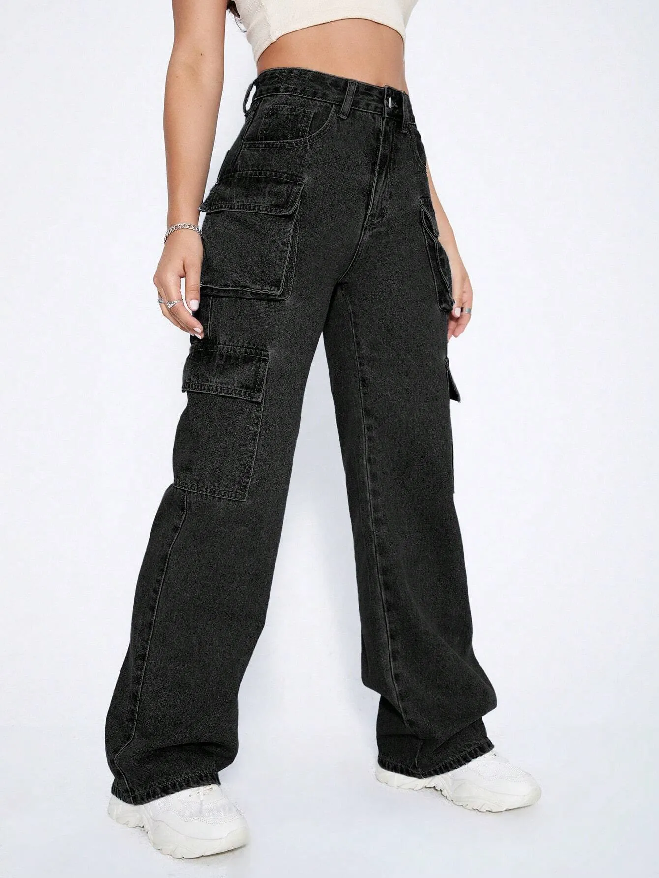 Plain Wide Leg High Waist Cargo Jean