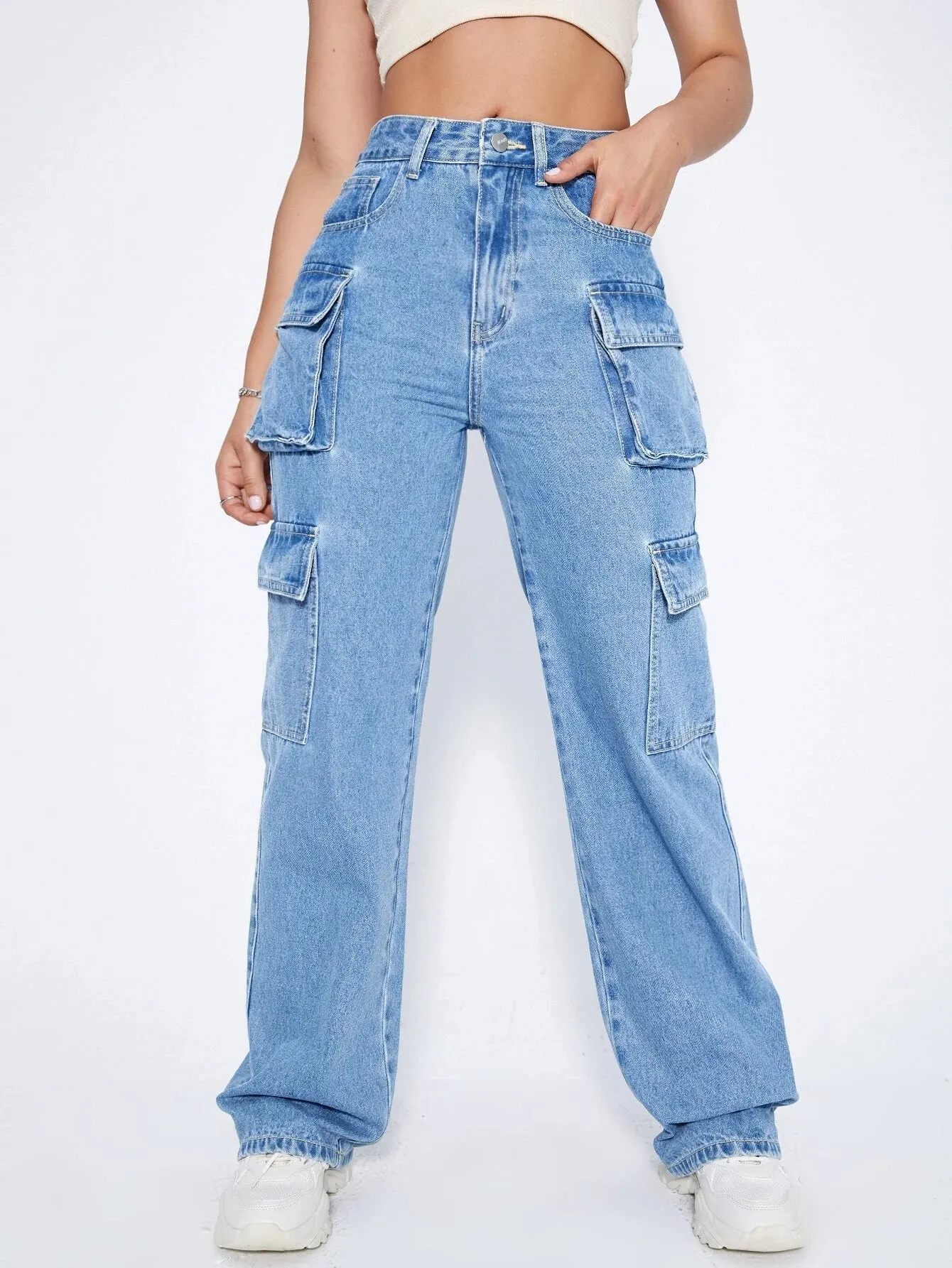 Plain Wide Leg High Waist Cargo Jean