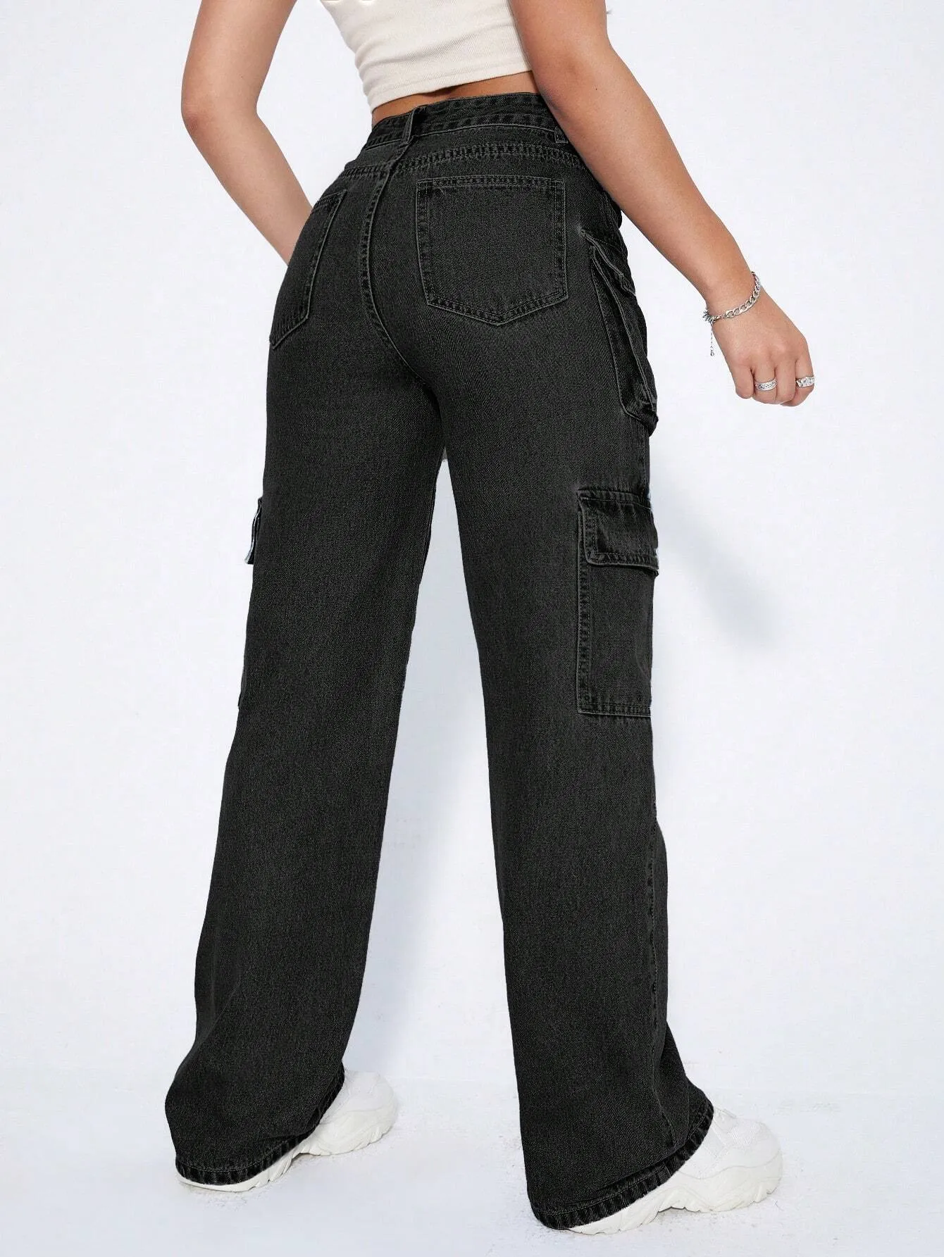 Plain Wide Leg High Waist Cargo Jean