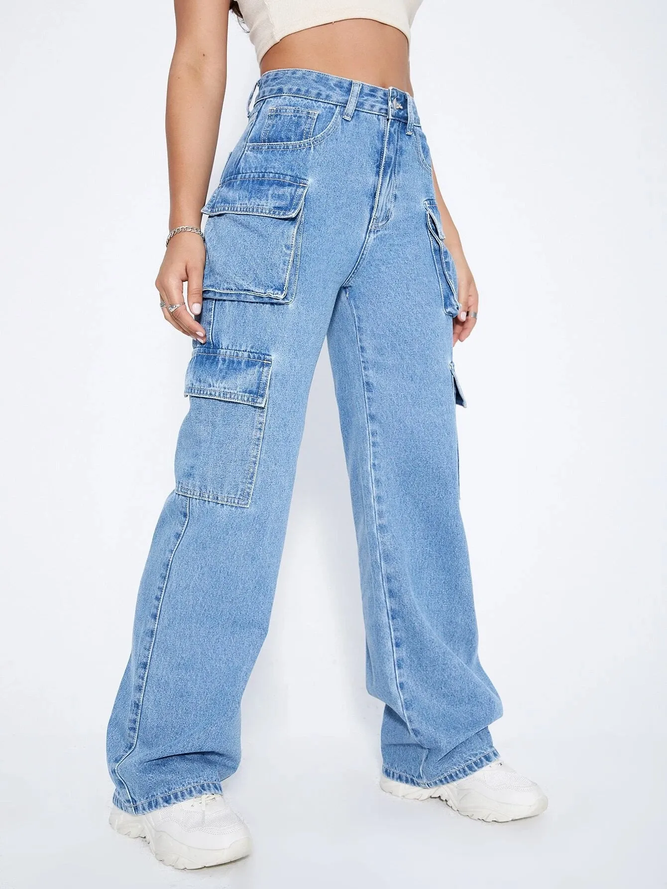 Plain Wide Leg High Waist Cargo Jean