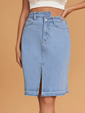 Plain Zipper High Waist Knee Length Women Denim Skirts