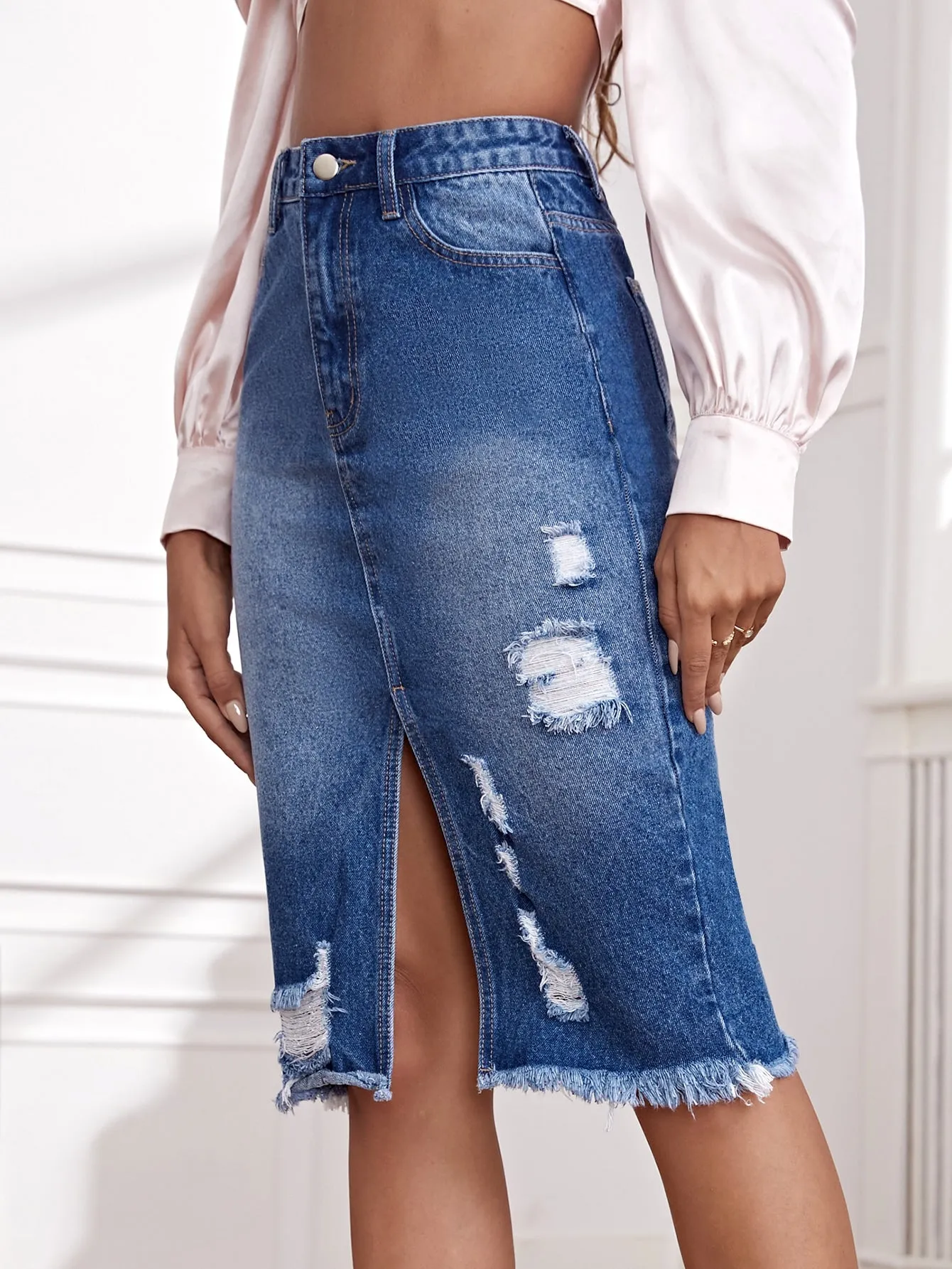 Plain Zipper High Waist Midi Women Denim Skirt