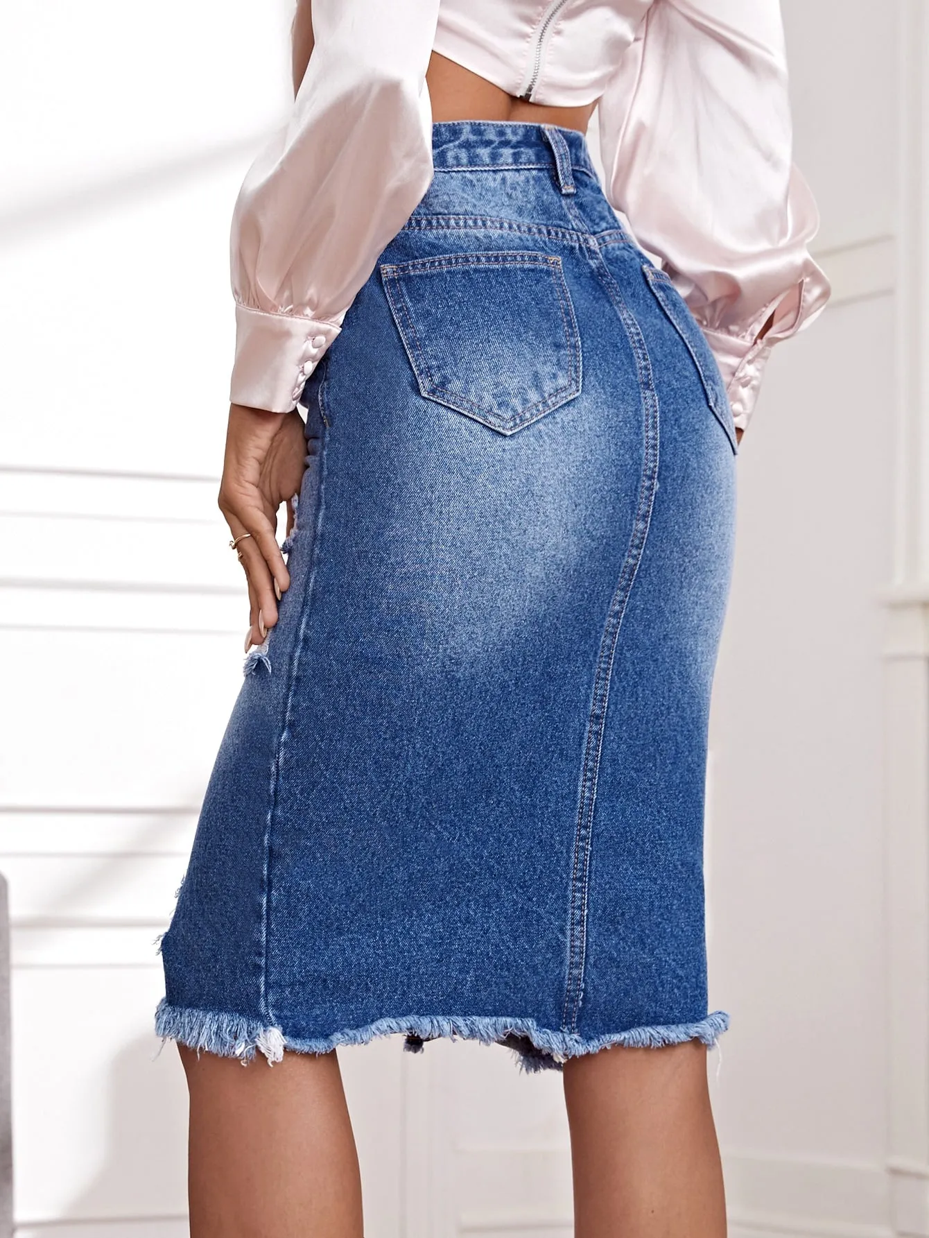 Plain Zipper High Waist Midi Women Denim Skirt