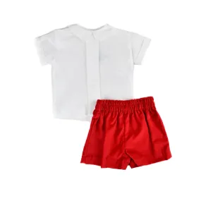Pleat Shirt and Velvet Short Set - Red