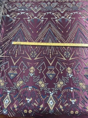 Plum multi color geometric design with heavy beaded and sequins on a mesh lace-prom-nightgown-sold by the yard.