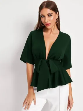 Plunging Tie Front Peplum Top