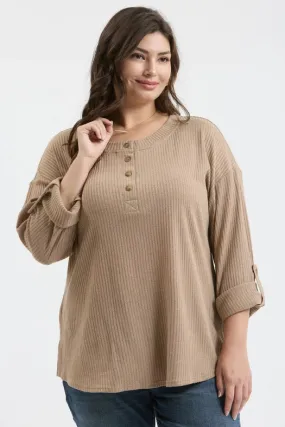 Plus 3/4 Tab Sleeve Henley Knit Top KHAKI