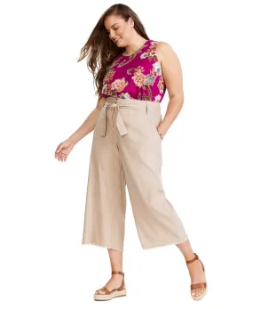 Plus Belted Frayed-Hem Culottes