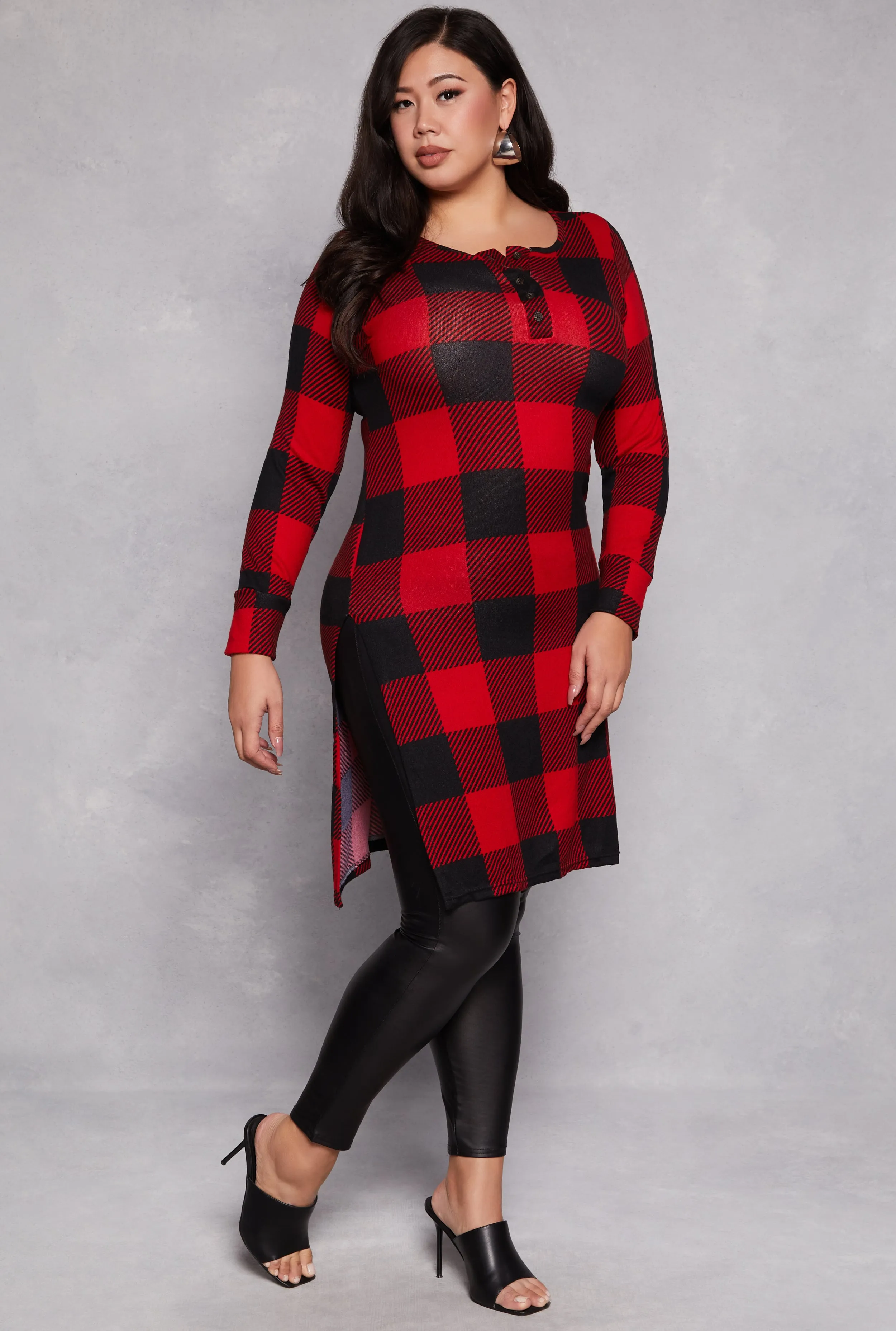 Plus Size Buffalo Plaid Henley Tunic Top