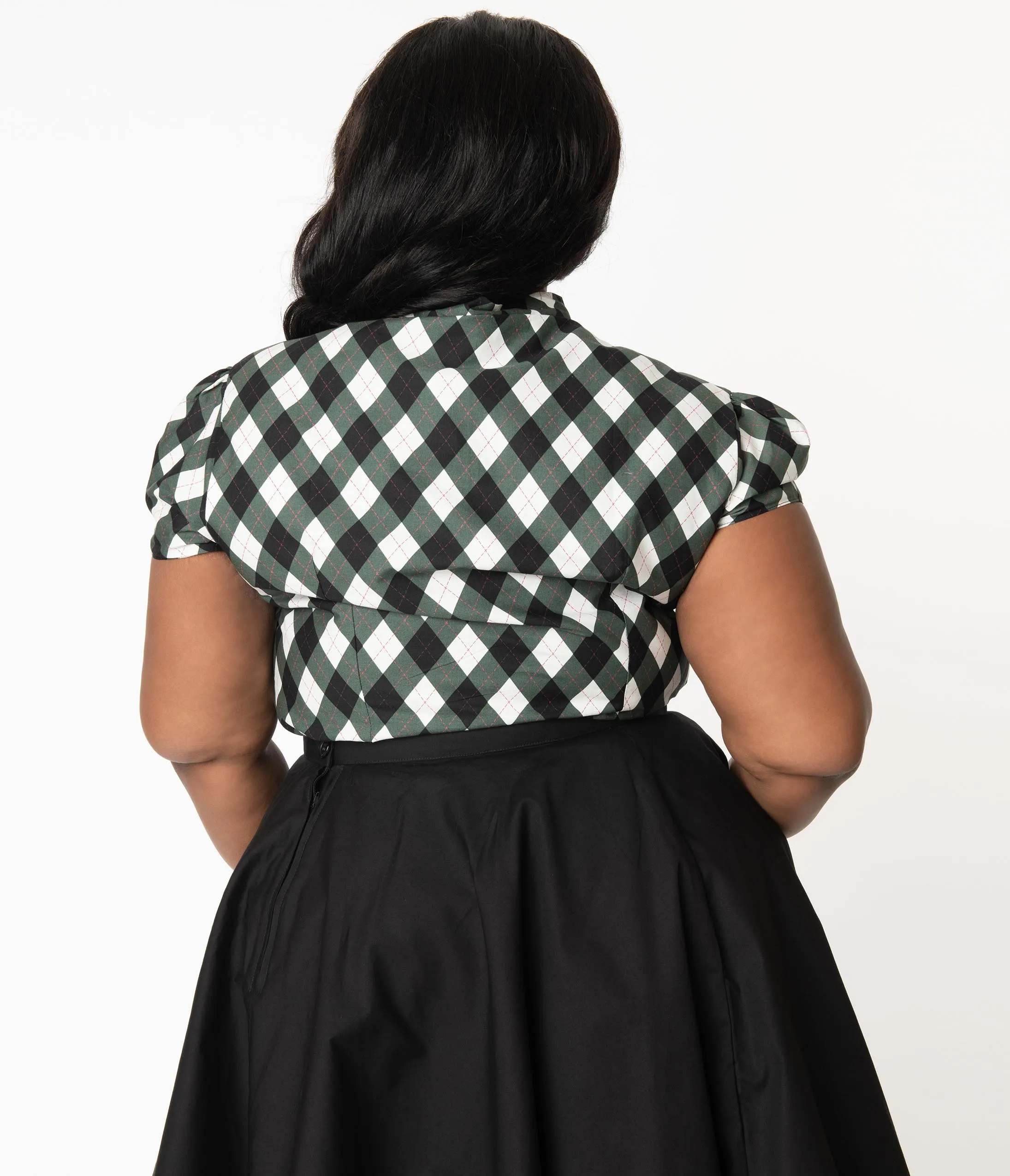 Plus Size Dark Green & White Diamond Plaid Print Bow Blouse