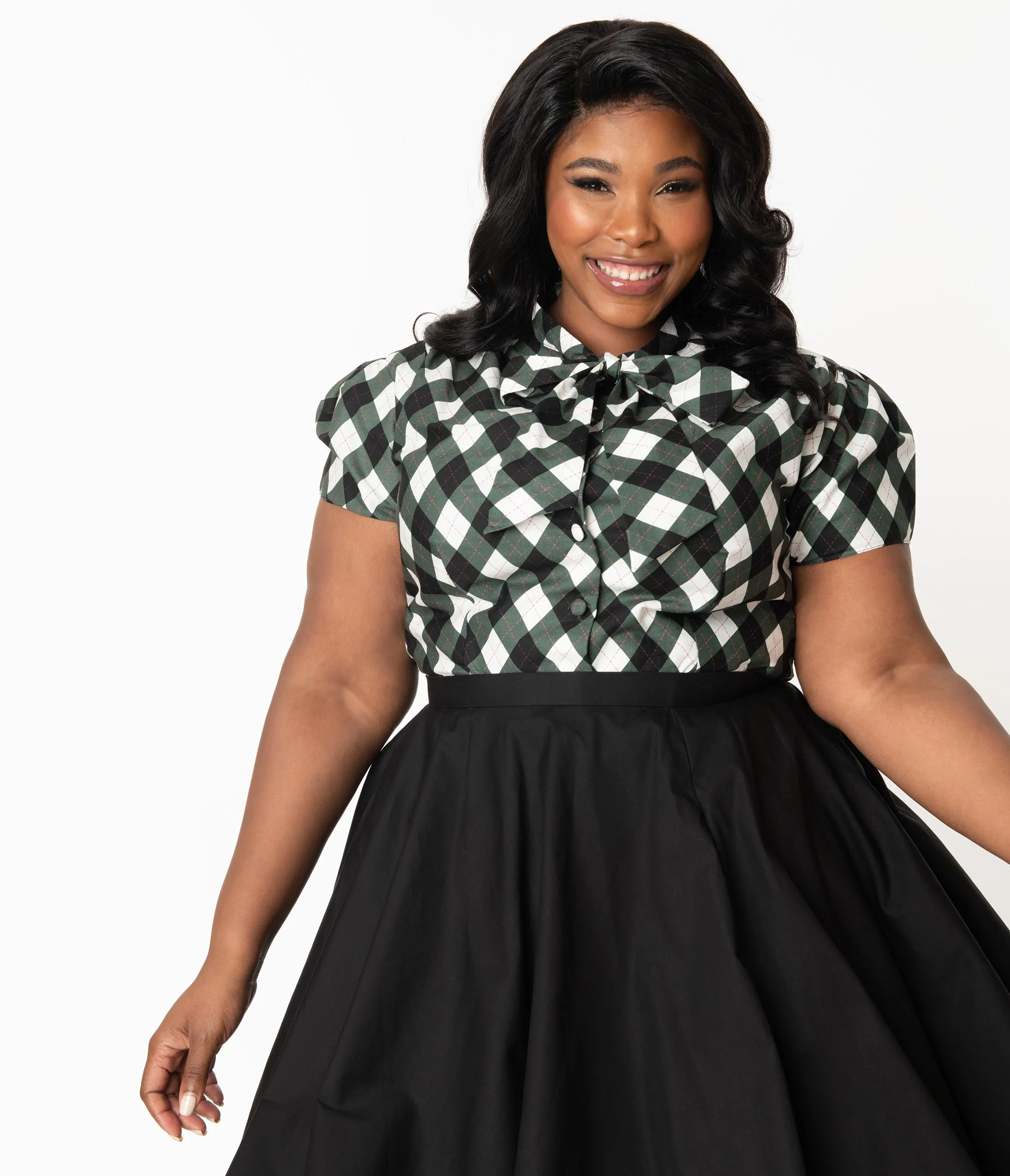 Plus Size Dark Green & White Diamond Plaid Print Bow Blouse
