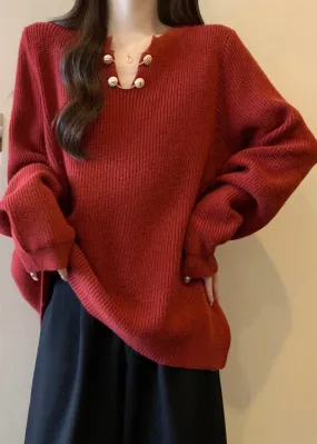 Plus Size Red V Neck Thick Warm Knit Sweaters Winter RG032