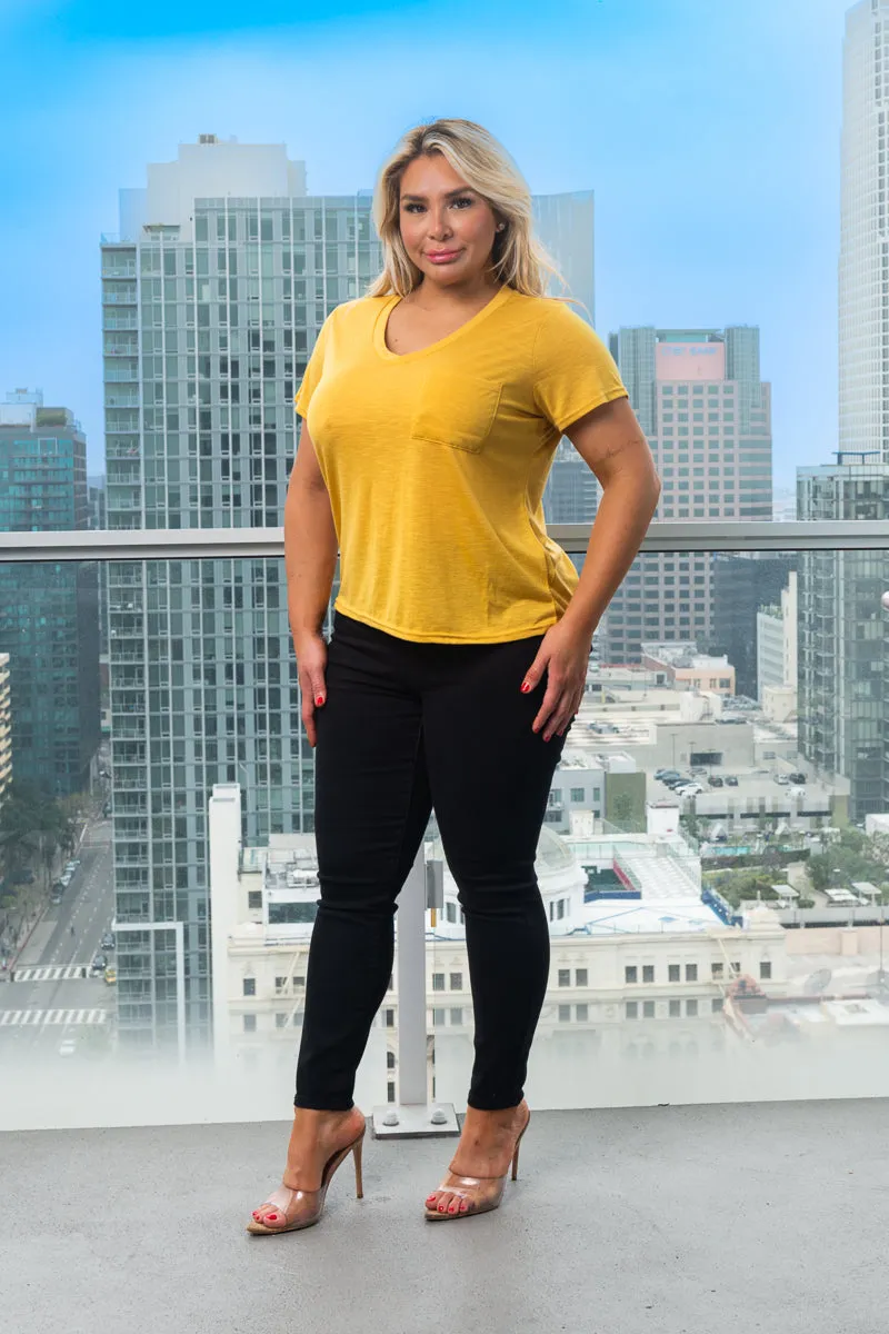 Plus Size Soft V-Neck Short Sleeve Tee Shirt with Front Pocket* (K67053X)
