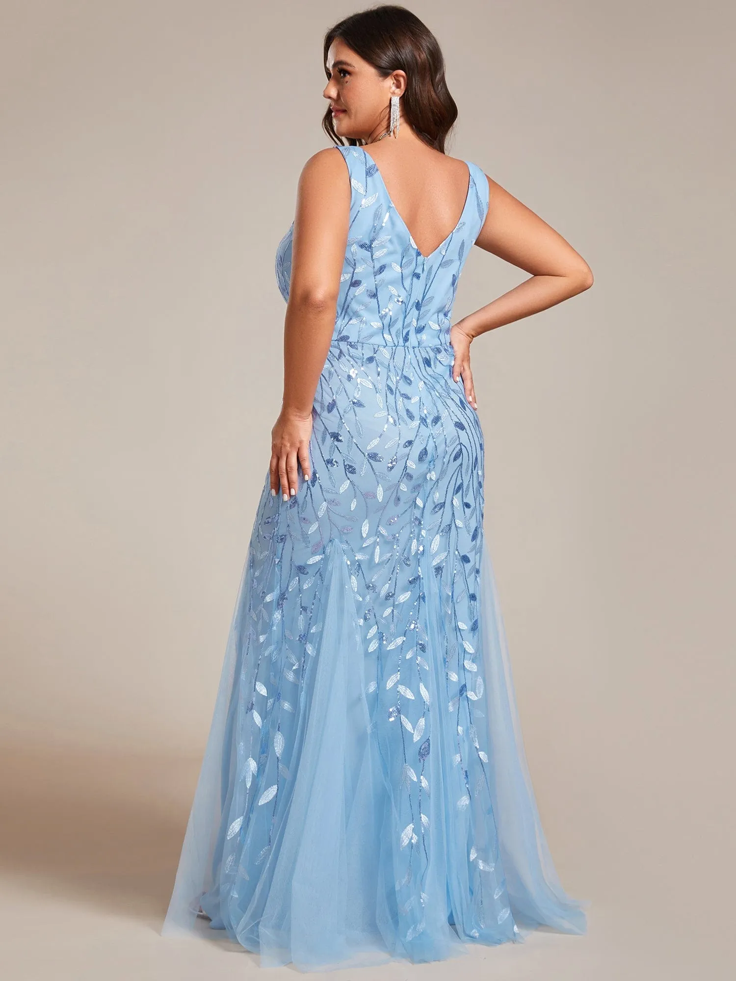 Plus Size Women's V-Neck Fishtail Sequin Evening Dress