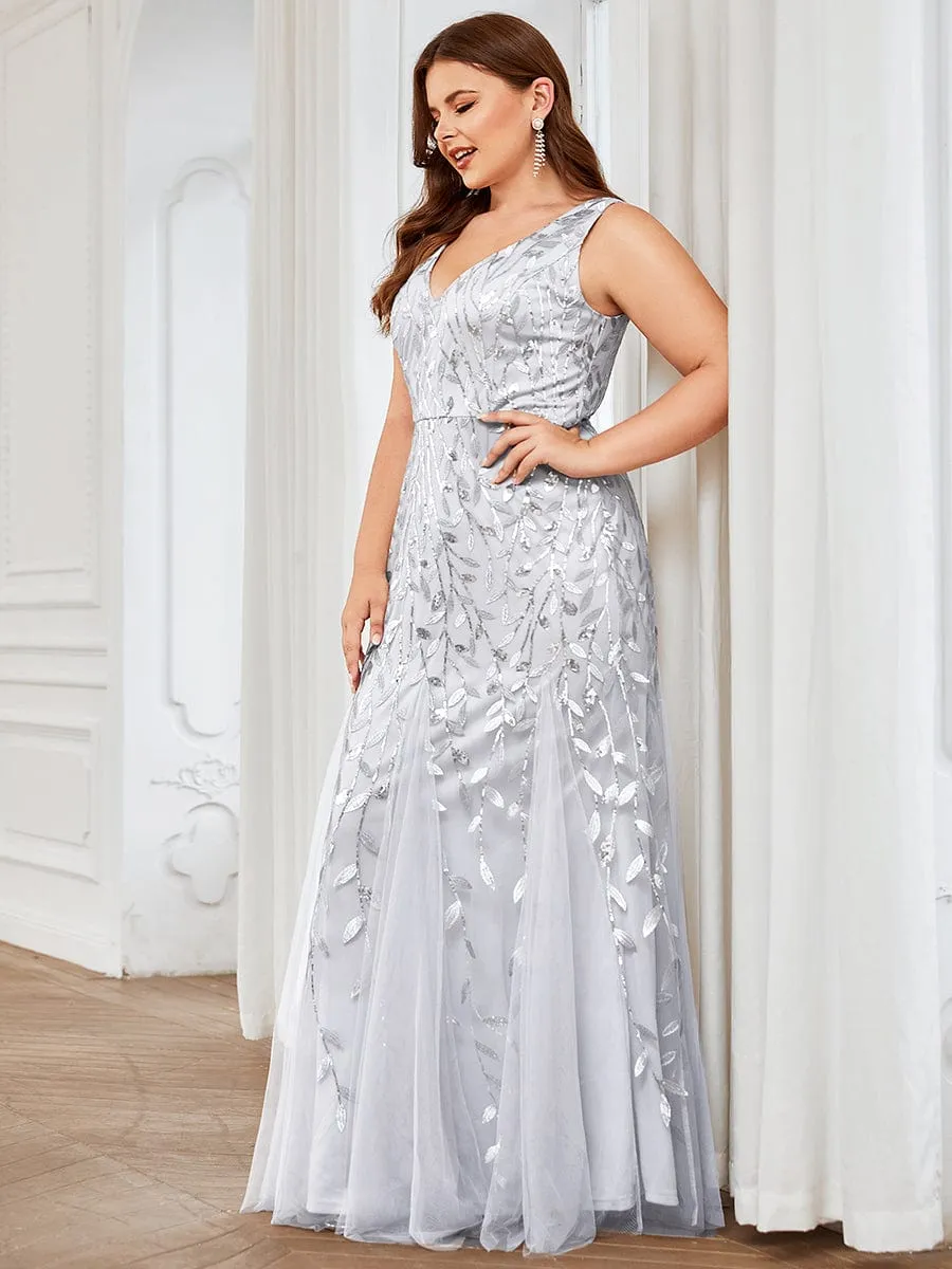 Plus Size Women's V-Neck Fishtail Sequin Evening Dress