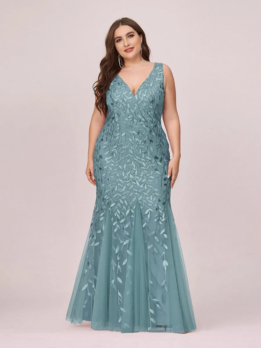 Plus Size Women's V-Neck Fishtail Sequin Evening Dress