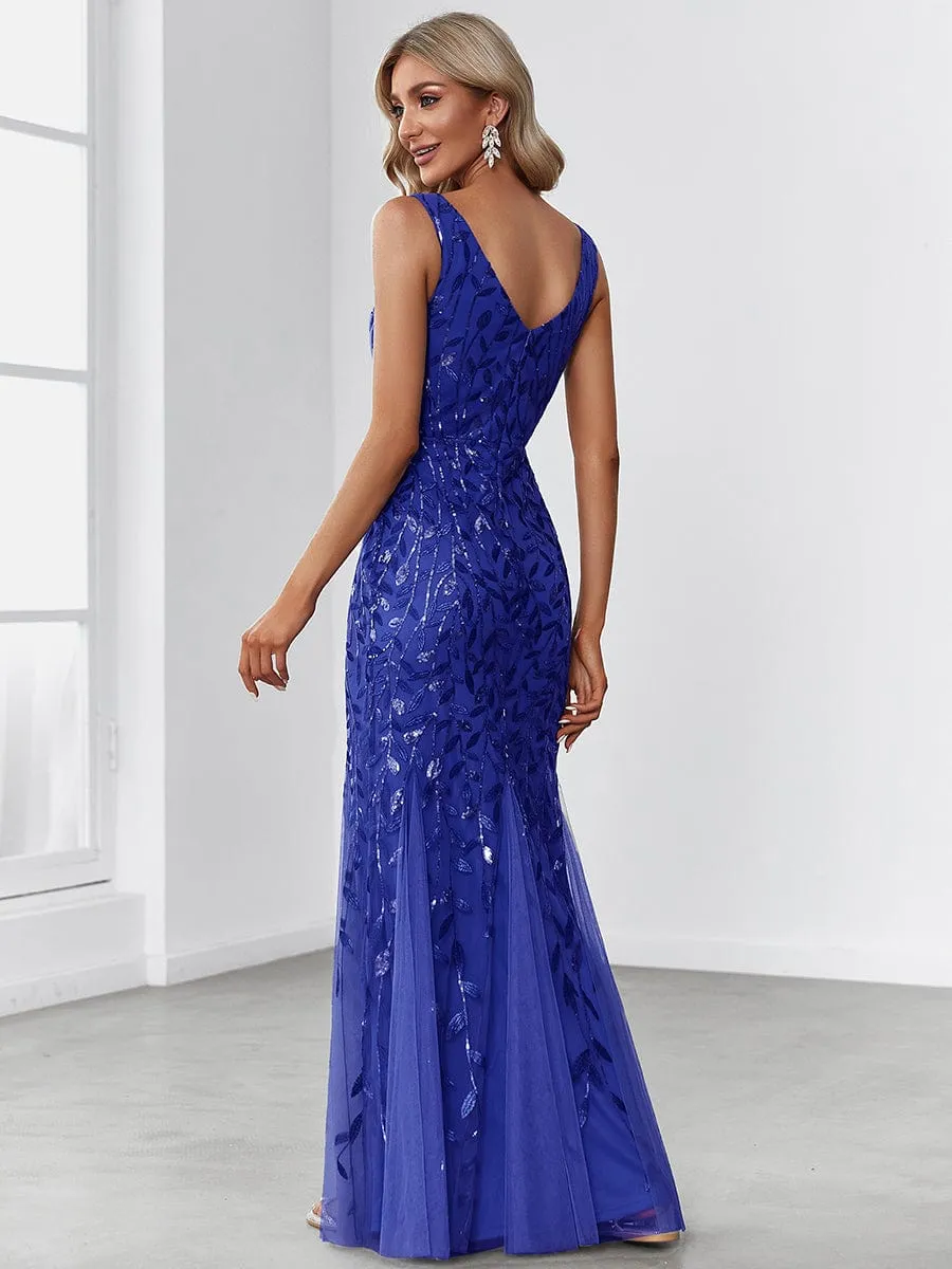 Plus Size Women's V-Neck Fishtail Sequin Evening Dress