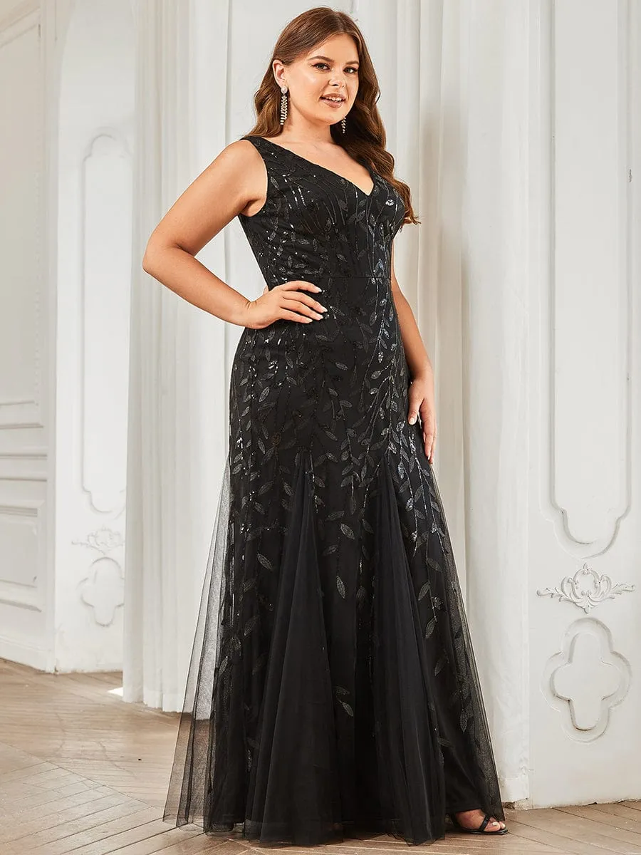 Plus Size Women's V-Neck Fishtail Sequin Evening Dress