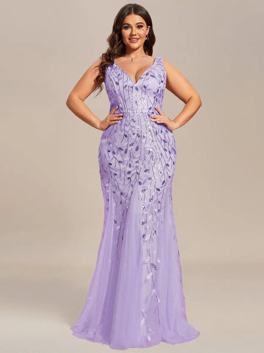 Plus Size Women's V-Neck Fishtail Sequin Evening Dress