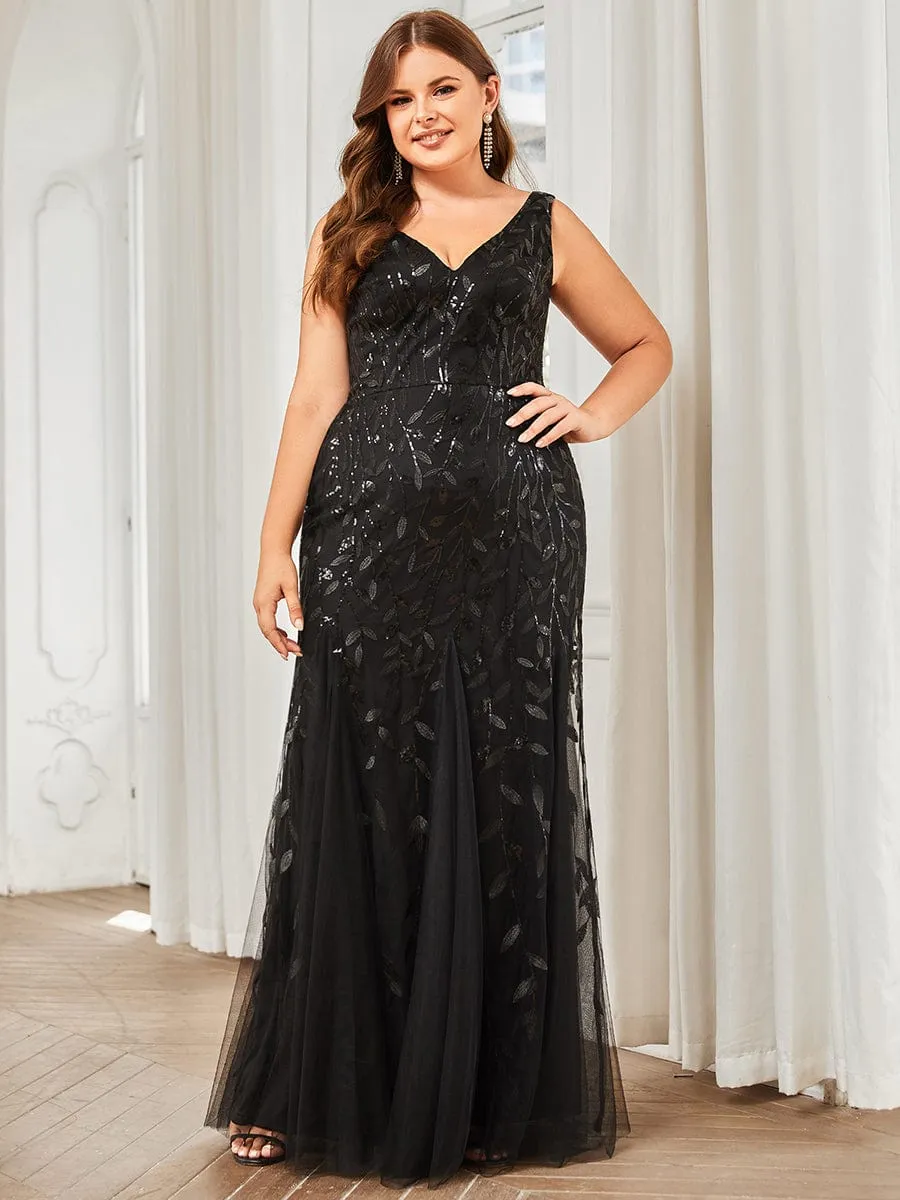 Plus Size Women's V-Neck Fishtail Sequin Evening Dress