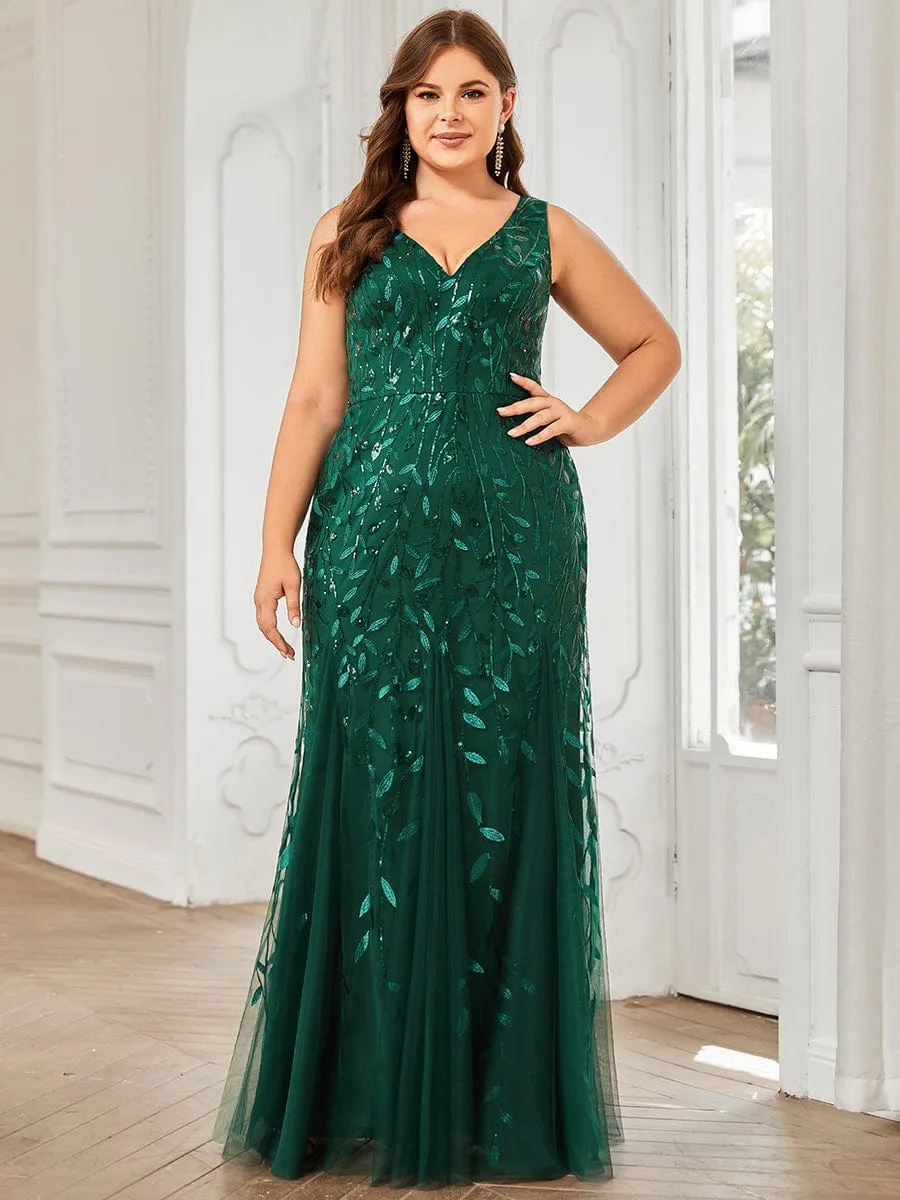 Plus Size Women's V-Neck Fishtail Sequin Evening Dress